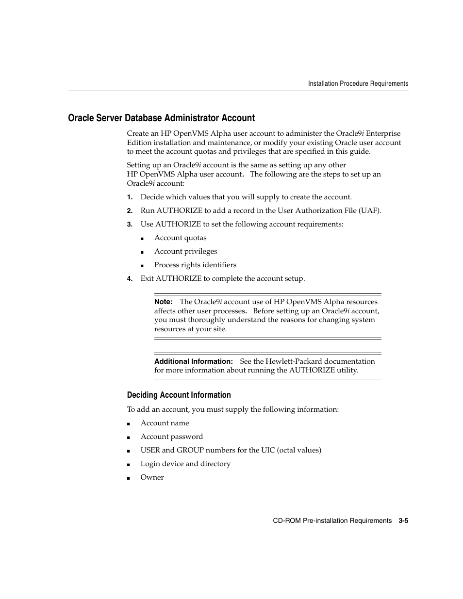 Oracle server database administrator account, Deciding account information | Oracle Audio Technologies ORACLE9I B10508-01 User Manual | Page 49 / 186