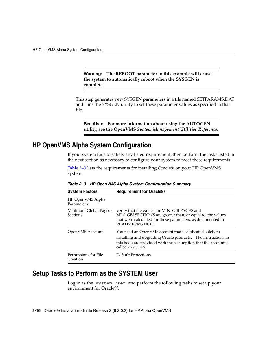 Hpopenvmsalpha system configuration, Setup tasks to perform as the system user, Hp openvms alpha system configuration | Oracle Audio Technologies ORACLE9I B10508-01 User Manual | Page 60 / 186
