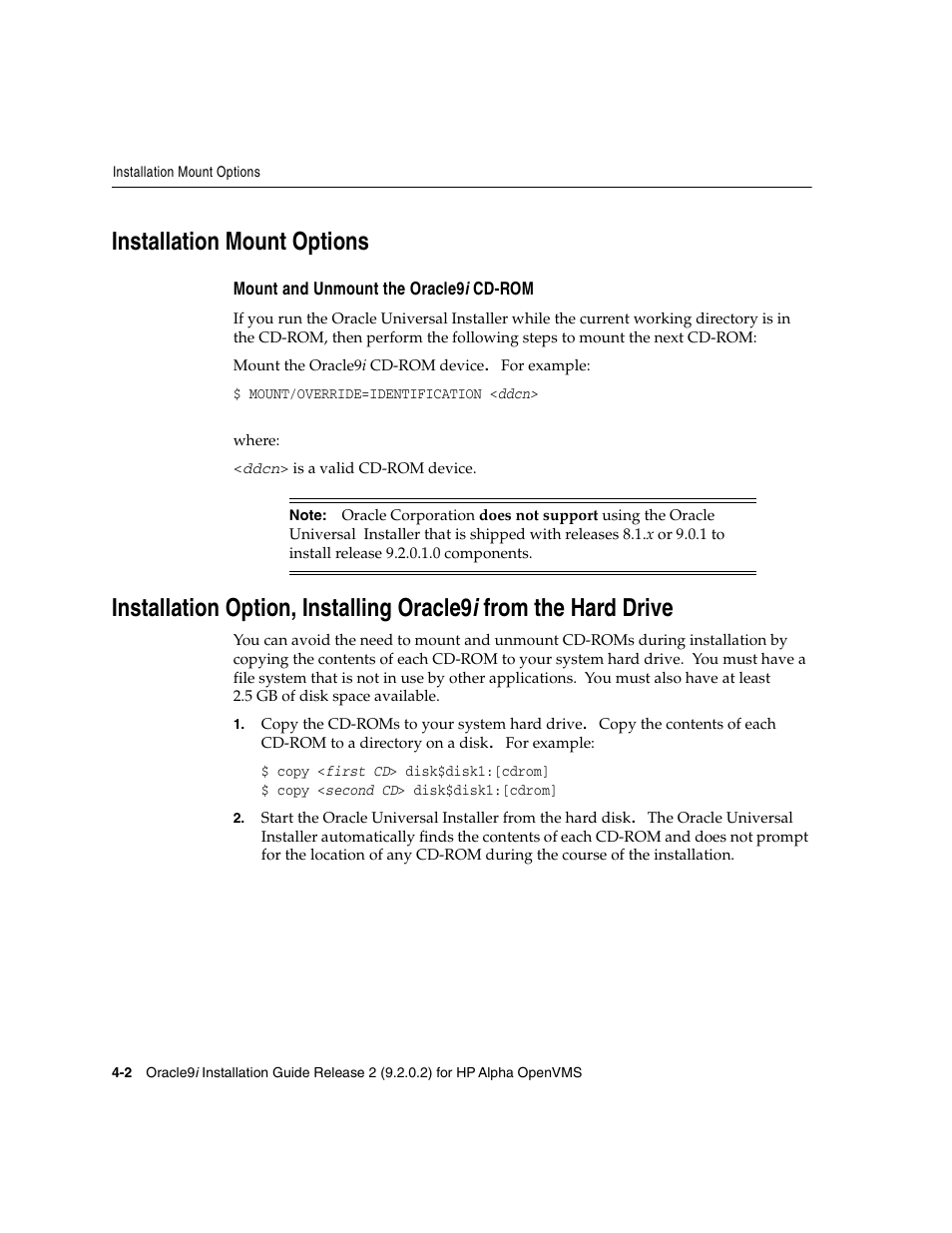 Installation mount options, Mount and unmount the oracle9i cdrom, Installation option, installing oracle9 | Oracle Audio Technologies ORACLE9I B10508-01 User Manual | Page 66 / 186