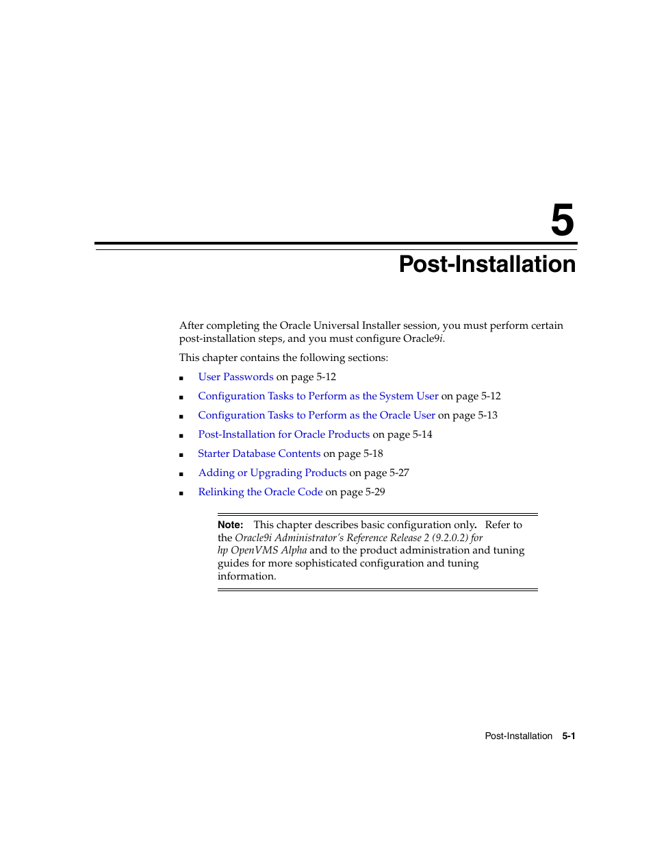5 post-installation, Post-installation, Chapter 5, "post-installation | Oracle Audio Technologies ORACLE9I B10508-01 User Manual | Page 77 / 186