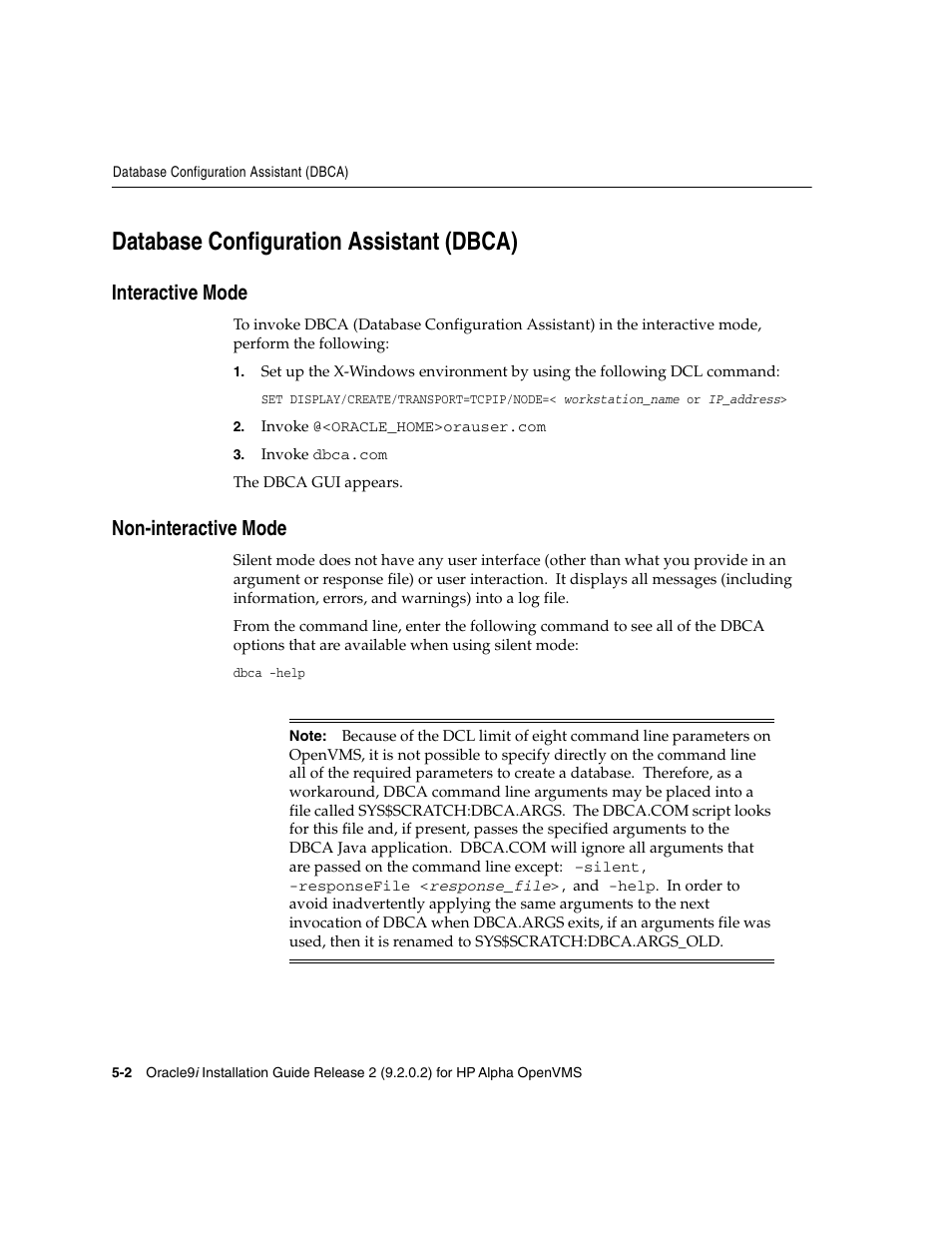 Database configuration assistant (dbca), Interactive mode, Noninteractive mode | Non-interactive mode, Database configuration, Assistant (dbca) | Oracle Audio Technologies ORACLE9I B10508-01 User Manual | Page 78 / 186