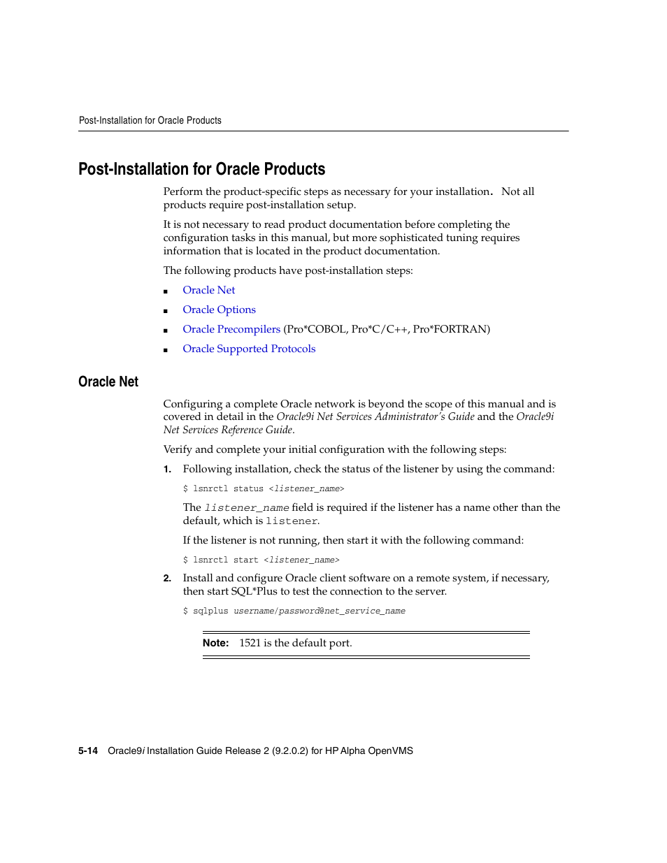 Post-installation for oracle products, Oracle net | Oracle Audio Technologies ORACLE9I B10508-01 User Manual | Page 90 / 186