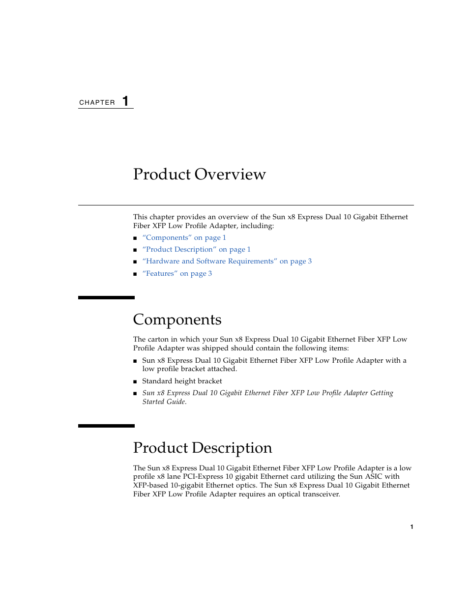 Product overview, Components, Product description | Oracle Audio Technologies Sun Oracle SunDual 10GbE XFP User Manual | Page 11 / 86