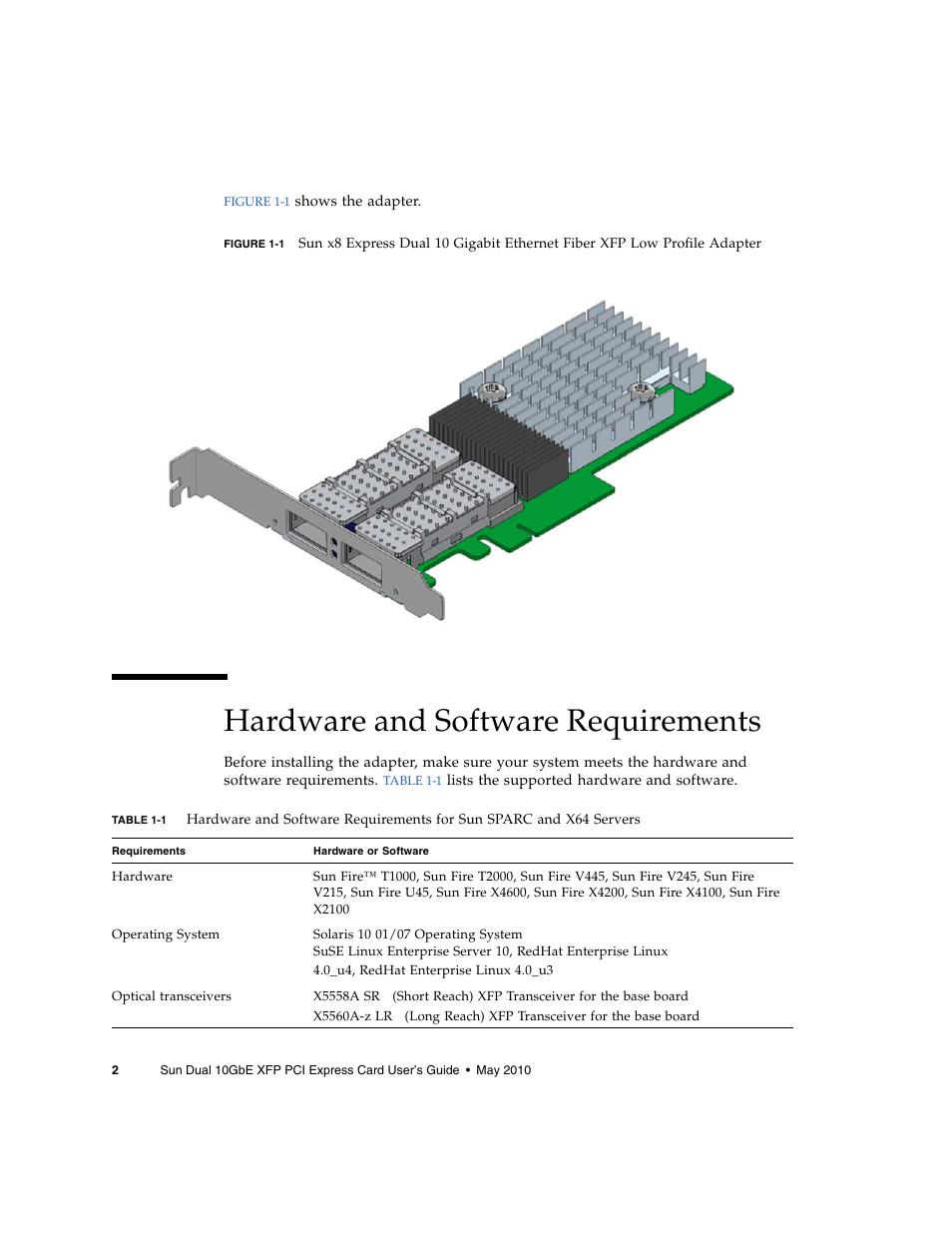 Hardware and software requirements | Oracle Audio Technologies Sun Oracle SunDual 10GbE XFP User Manual | Page 12 / 86