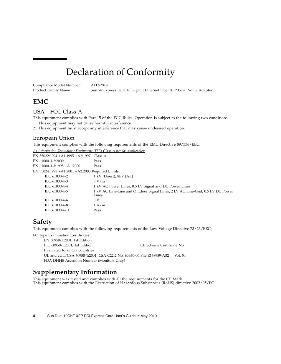 Declaration of conformity, Safety, Supplementary information | Usa—fcc class a, European union | Oracle Audio Technologies Sun Oracle SunDual 10GbE XFP User Manual | Page 14 / 86