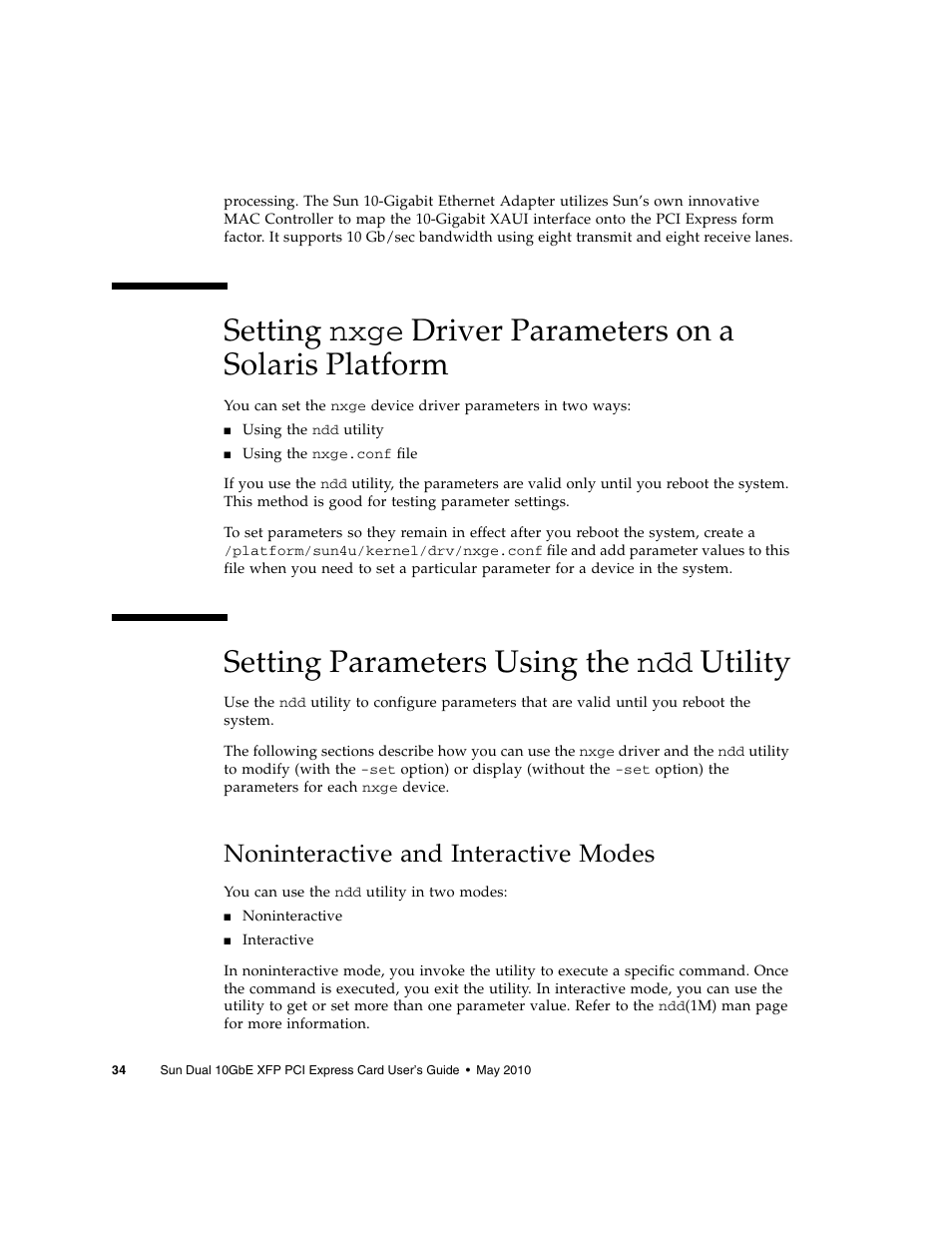 Setting parameters using the ndd utility, Noninteractive and interactive modes, Setting | Setting parameters using the | Oracle Audio Technologies Sun Oracle SunDual 10GbE XFP User Manual | Page 44 / 86