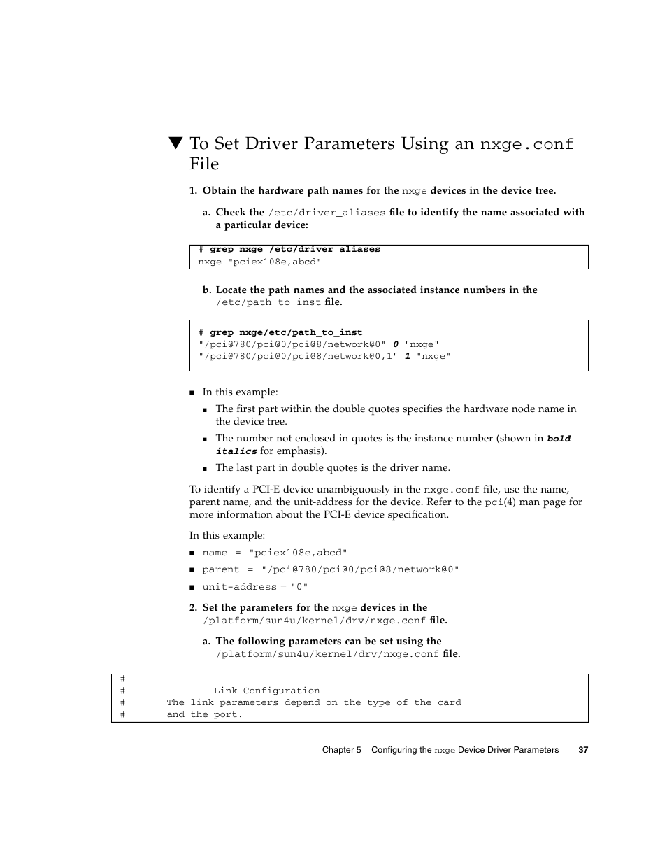To set driver parameters using an nxge.conf file, To set driver parameters using an | Oracle Audio Technologies Sun Oracle SunDual 10GbE XFP User Manual | Page 47 / 86