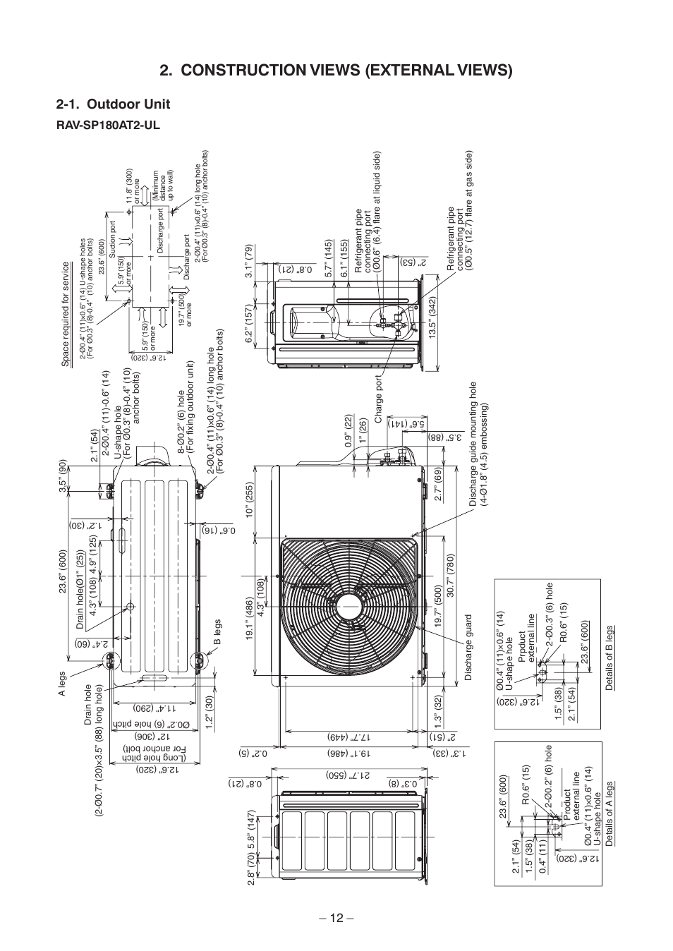 Construction views (external views), 1. outdoor unit, Rav-sp180at2-ul | Toshiba CARRIER RAV-SP300AT2-UL User Manual | Page 12 / 116