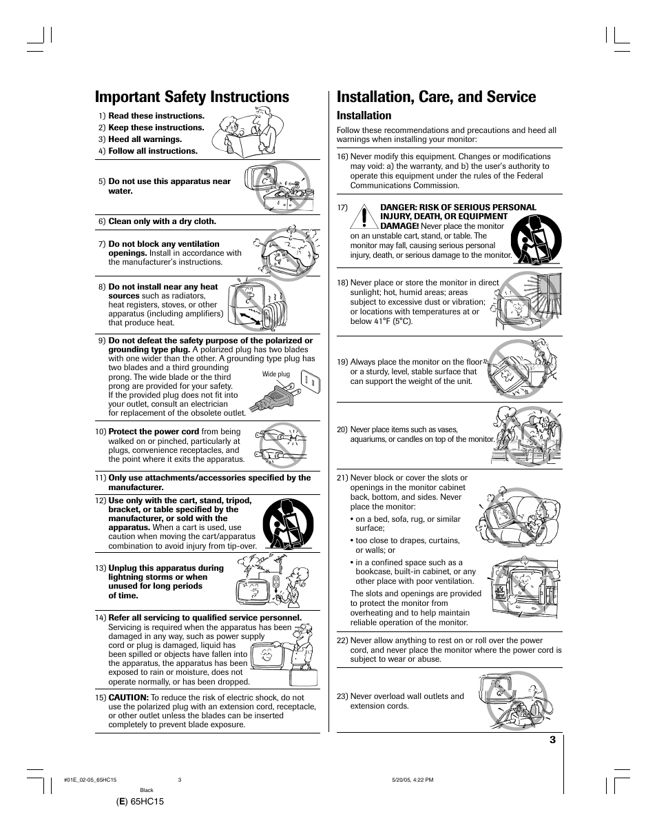 Installation, care, and service, Important safety instructions, Installation | Toshiba 65HC15 User Manual | Page 3 / 52
