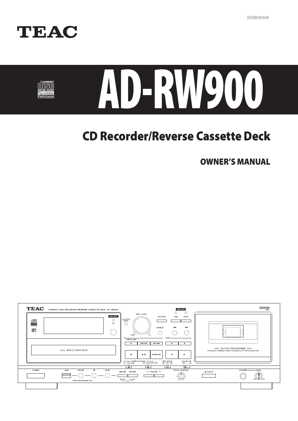 Teac CD Recorder/Reverse Cassette Deck AD-RW900 User Manual | 52 pages