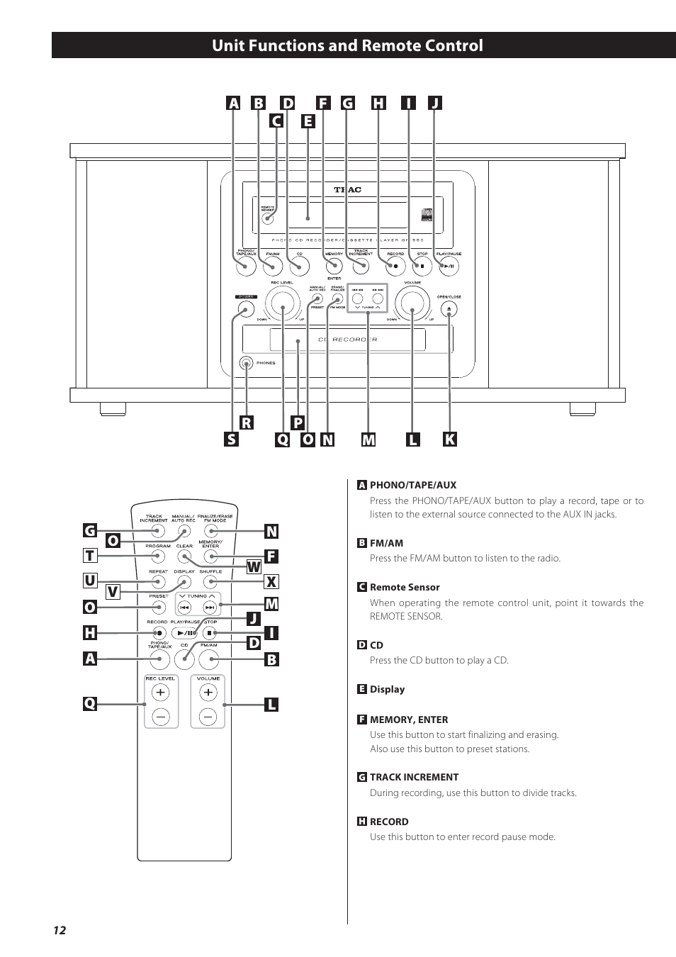 Unit functions and remote control | Teac GF-550 User Manual | Page 12 / 96