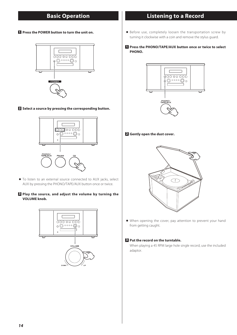 Basic operation, Listening to a record | Teac GF-550 User Manual | Page 14 / 96
