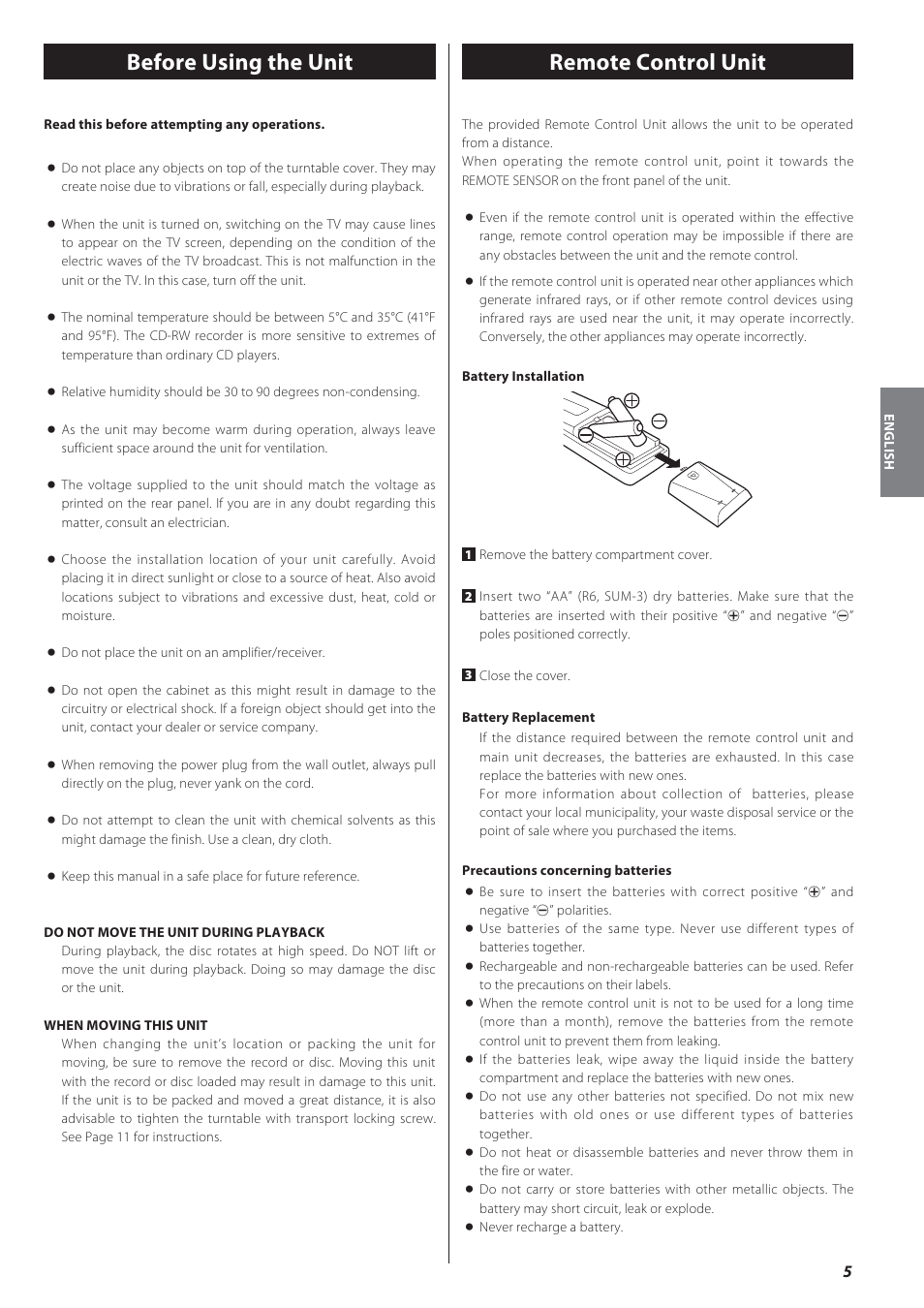 Before using the unit, Remote control unit | Teac GF-550 User Manual | Page 5 / 96