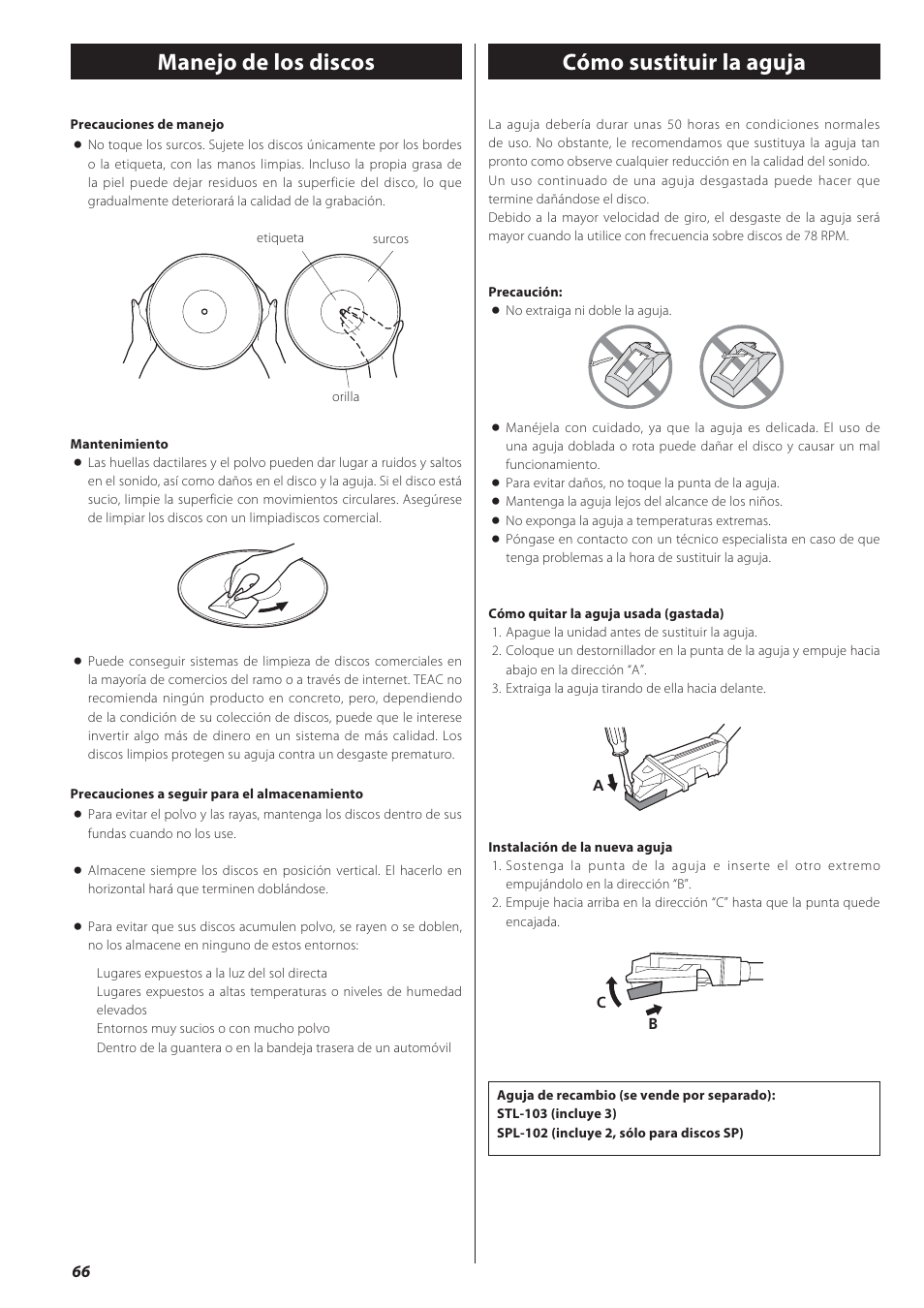 Manejo de los discos, Cómo sustituir la aguja | Teac GF-550 User Manual | Page 66 / 96