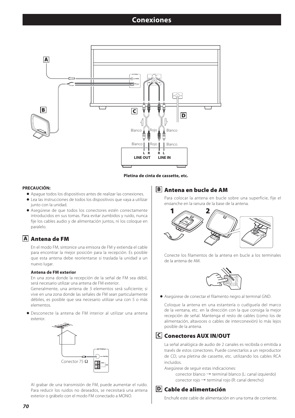 Conexiones, Antena de fm, Antena en bucle de am | Conectores aux in/out, Cable de alimentación | Teac GF-550 User Manual | Page 70 / 96