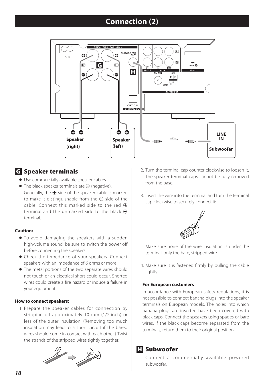 Connecting antennas (am/fm), Connection (2), Gspeaker terminals | Subwoofer | Teac CD Receiver CR-H238i User Manual | Page 10 / 118