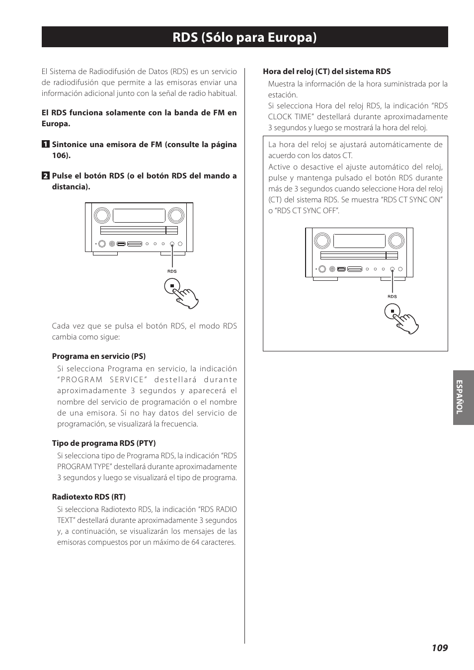 Rds (sólo para europa) | Teac CD Receiver CR-H238i User Manual | Page 109 / 118
