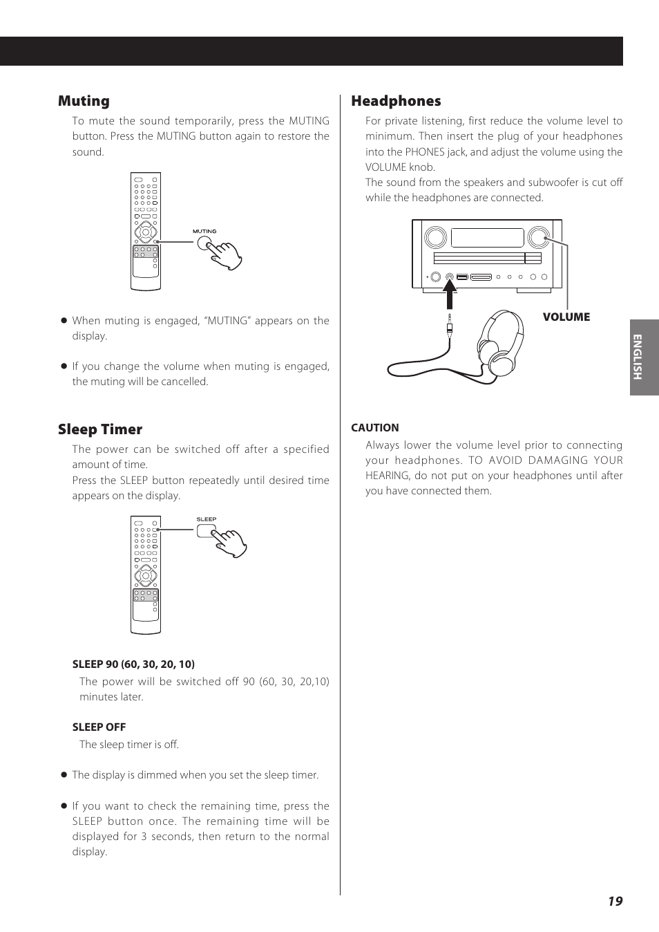 Muting, Sleep timer, Headphones | Teac CD Receiver CR-H238i User Manual | Page 19 / 118