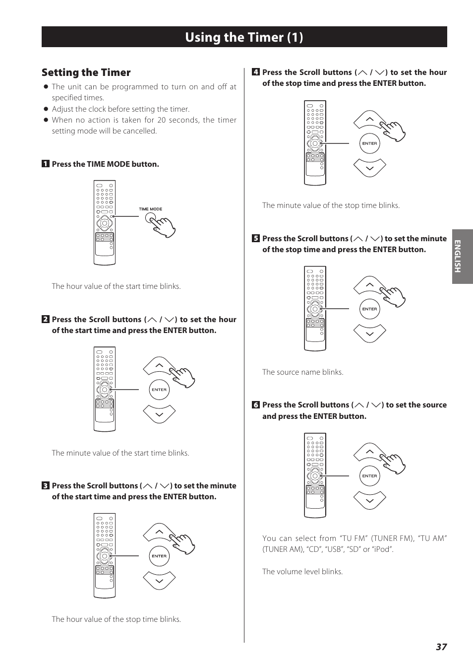 Using the timer (1), Setting the timer | Teac CD Receiver CR-H238i User Manual | Page 37 / 118