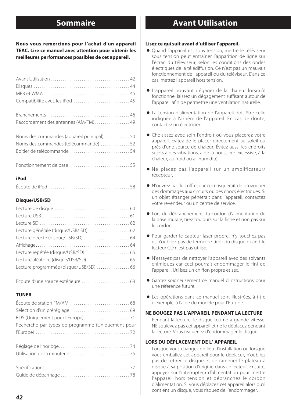 Mode d’emploi, Sommaire, Avant utilisation | Teac CD Receiver CR-H238i User Manual | Page 42 / 118