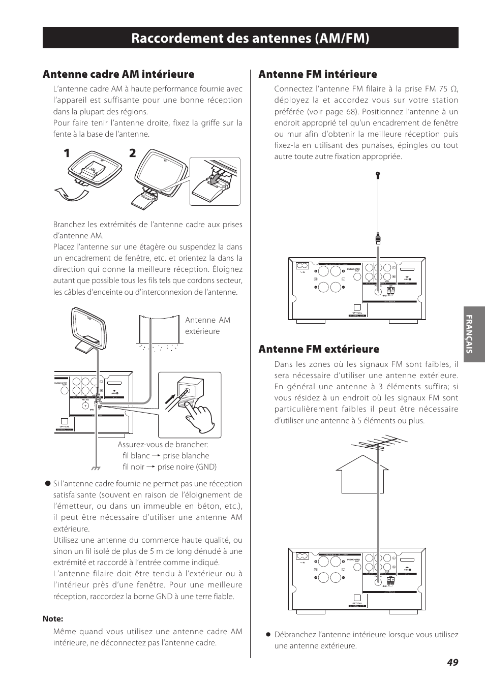 Raccordement des antennes (am/fm), Antenne cadre am intérieure, Antenne fm intérieure | Antenne fm extérieure | Teac CD Receiver CR-H238i User Manual | Page 49 / 118