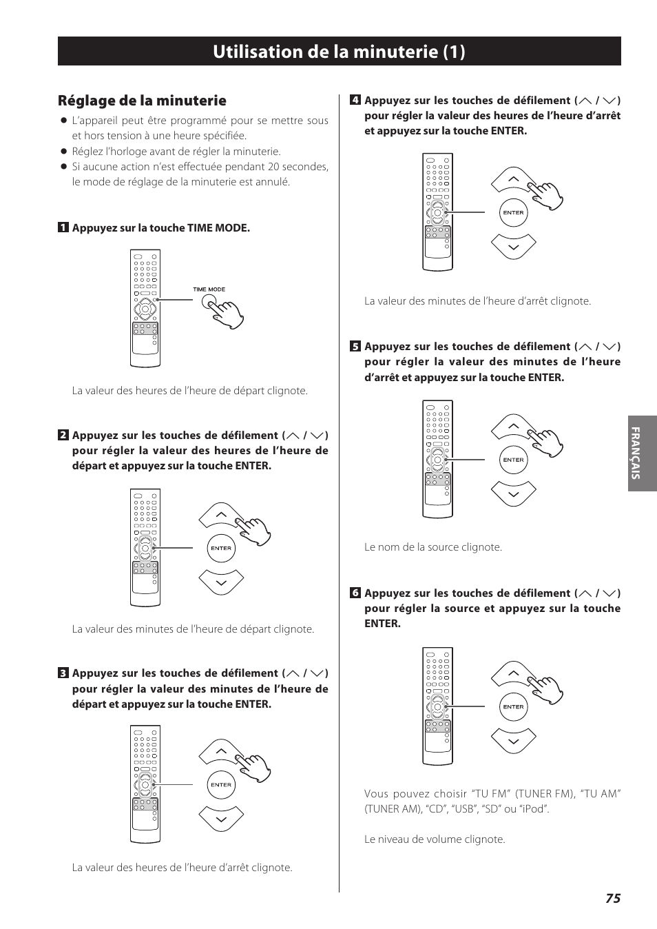 Utilisation de la minuterie (1), Réglage de la minuterie | Teac CD Receiver CR-H238i User Manual | Page 75 / 118