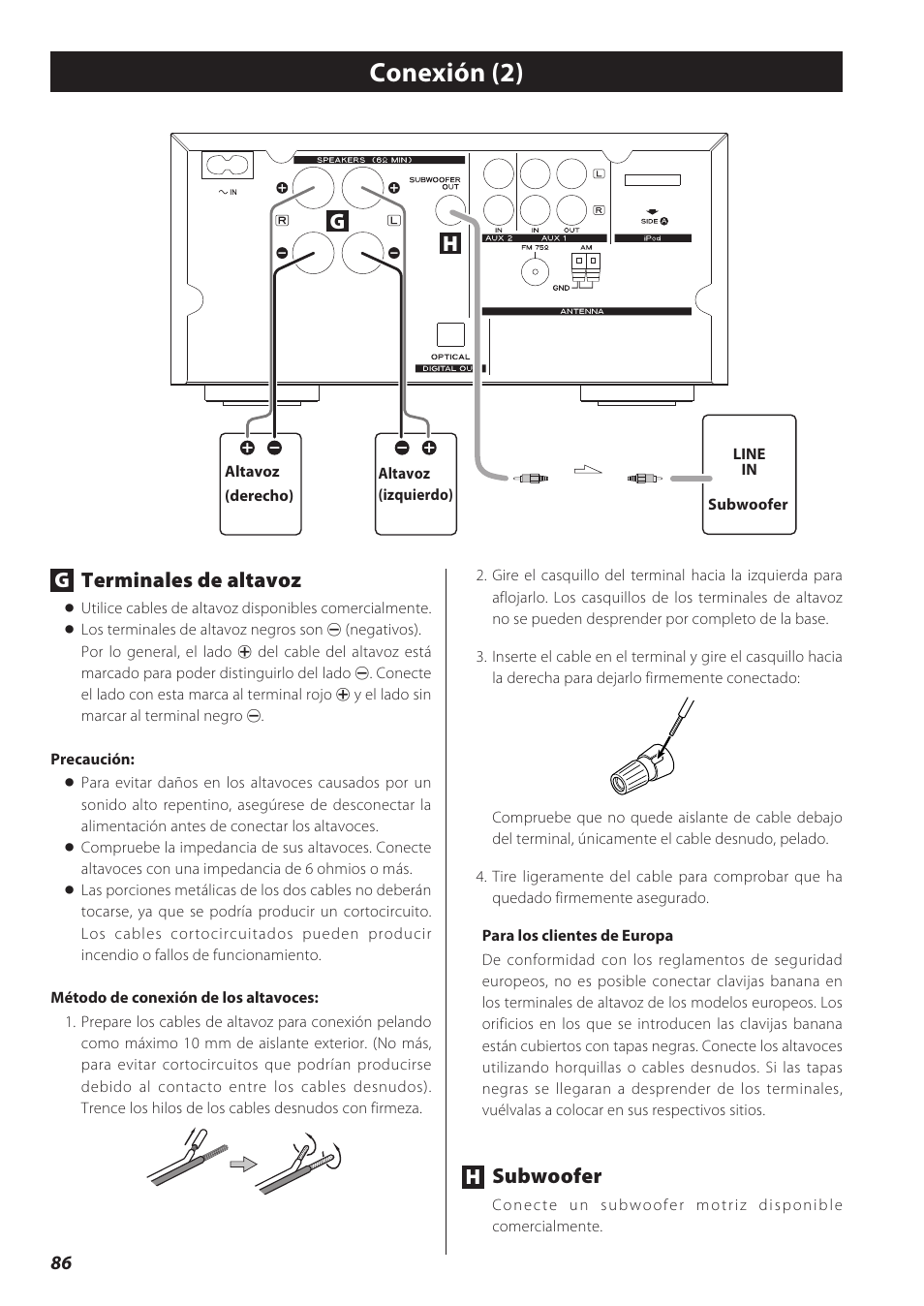 Conexión de las antenas (am/fm), Conexión (2), Gterminales de altavoz | Subwoofer | Teac CD Receiver CR-H238i User Manual | Page 86 / 118
