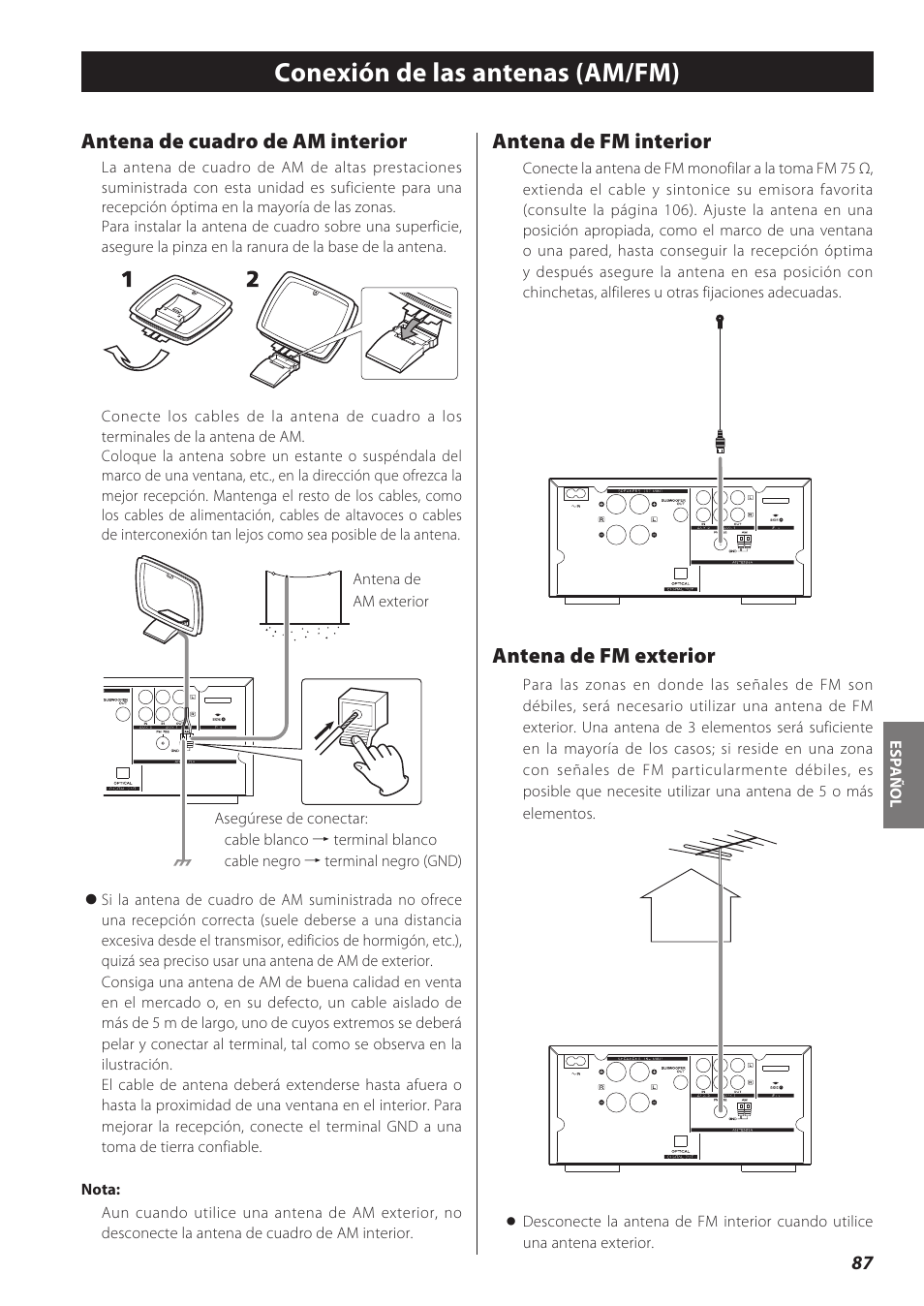 Conexión de las antenas (am/fm), Antena de cuadro de am interior, Antena de fm interior | Antena de fm exterior | Teac CD Receiver CR-H238i User Manual | Page 87 / 118