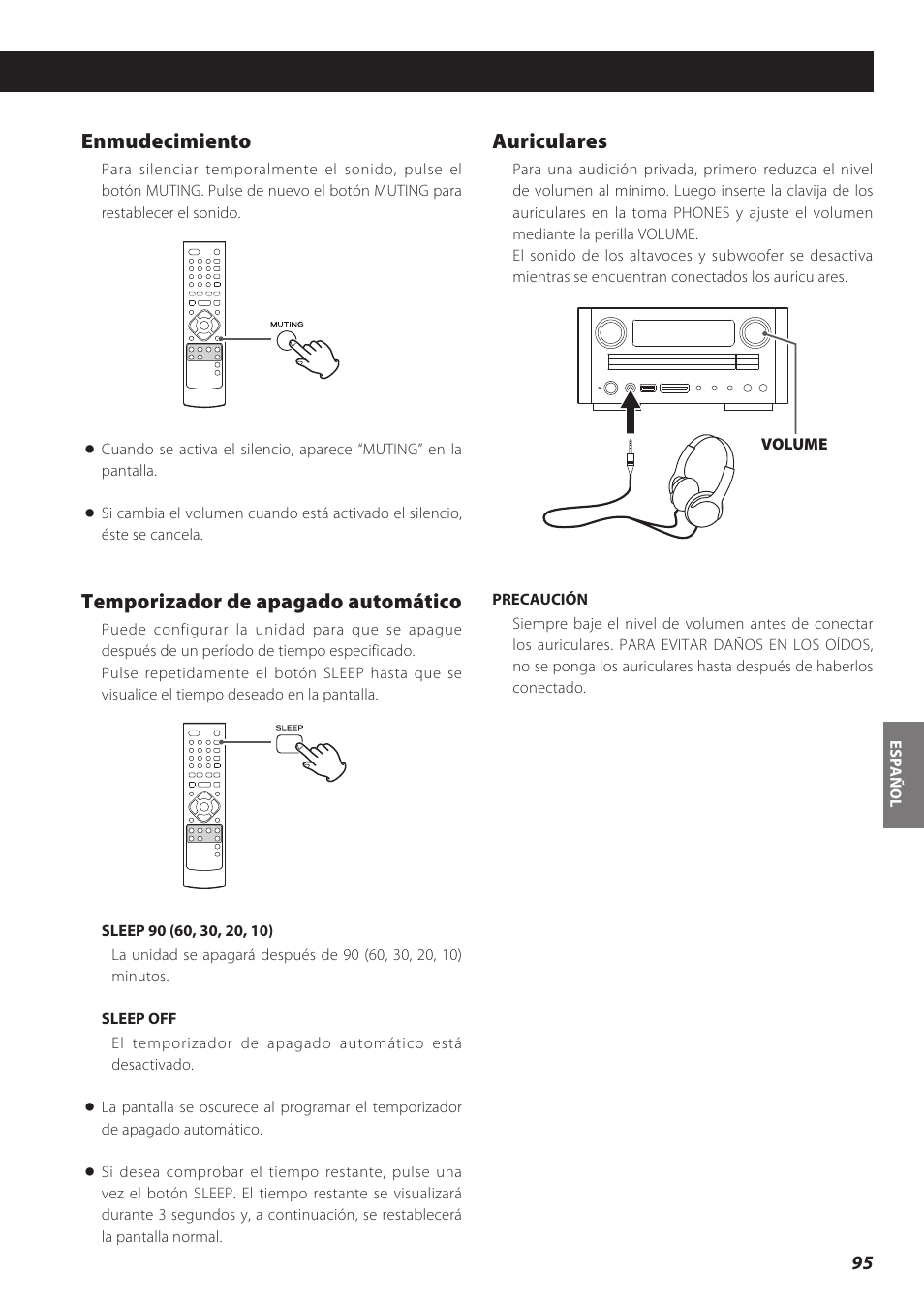 Enmudecimiento, Temporizador de apagado automático, Auriculares | Teac CD Receiver CR-H238i User Manual | Page 95 / 118