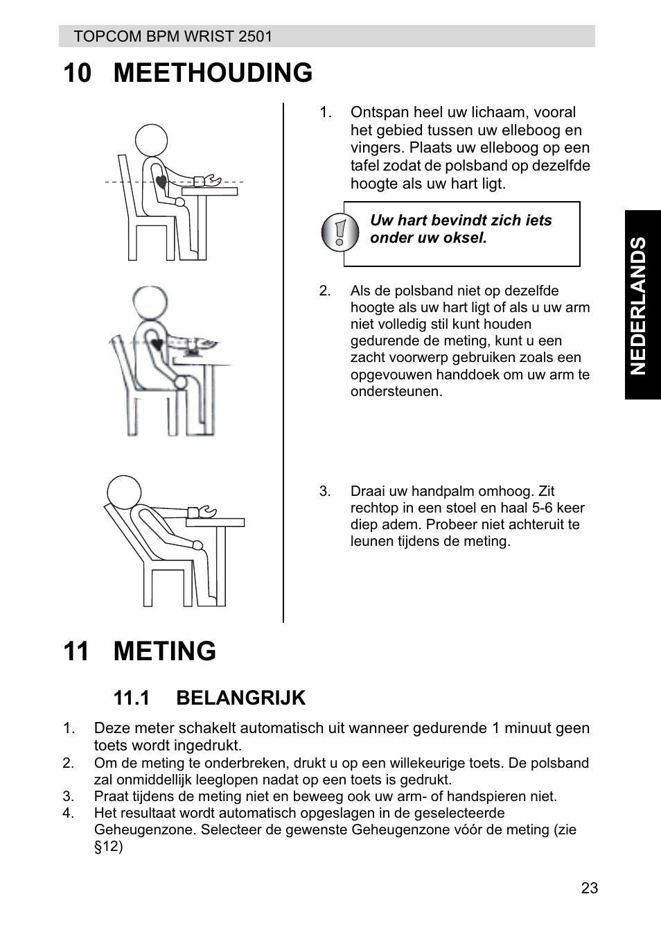 10 meethouding 11 meting, Nederlands, 1 belangrijk | Topcom BPM WRIST 2501 User Manual | Page 23 / 120