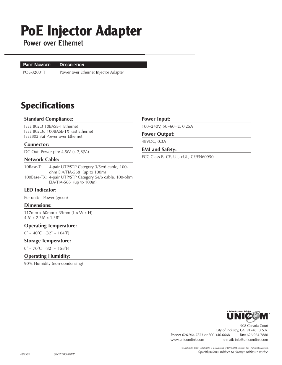 UNICOM Electric PoE Injector Adapter POE-32001T User Manual | 1 page