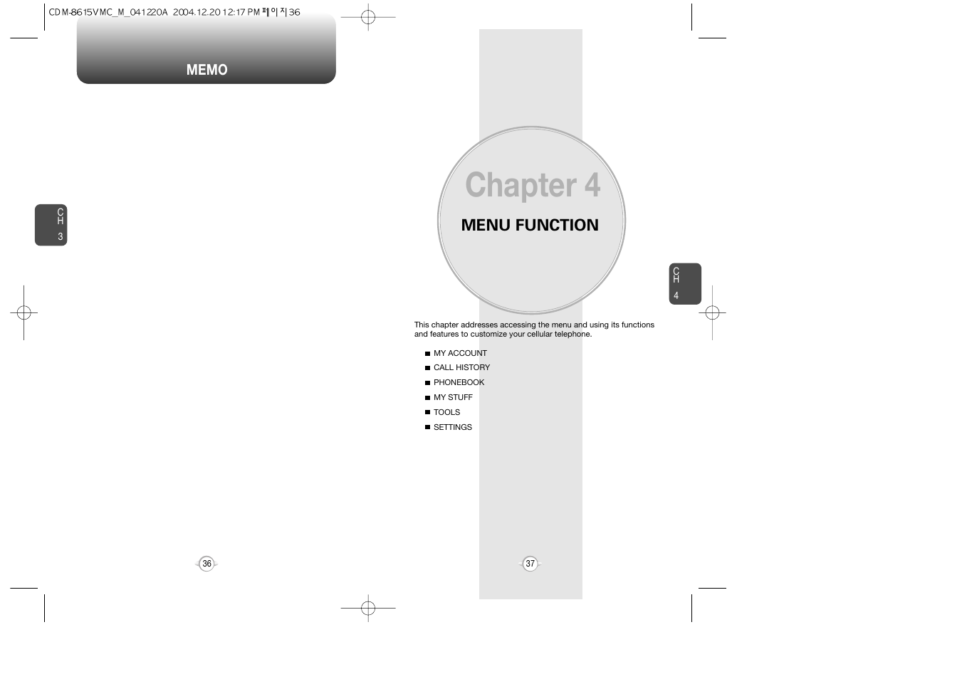 Chapter 4, Menu function | UTStarcom CDM-8615 User Manual | Page 20 / 66