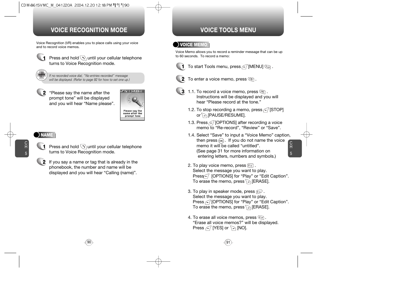 Voice tools menu, Voice recognition mode | UTStarcom CDM-8615 User Manual | Page 47 / 66