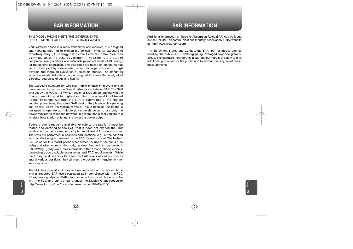 Sar information | UTStarcom CDM-8615 User Manual | Page 62 / 66
