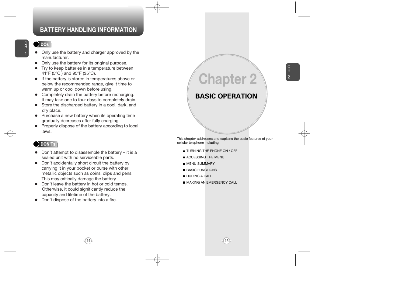 Chapter 2, Basic operation, Battery handling information | UTStarcom CDM-8615 User Manual | Page 9 / 66