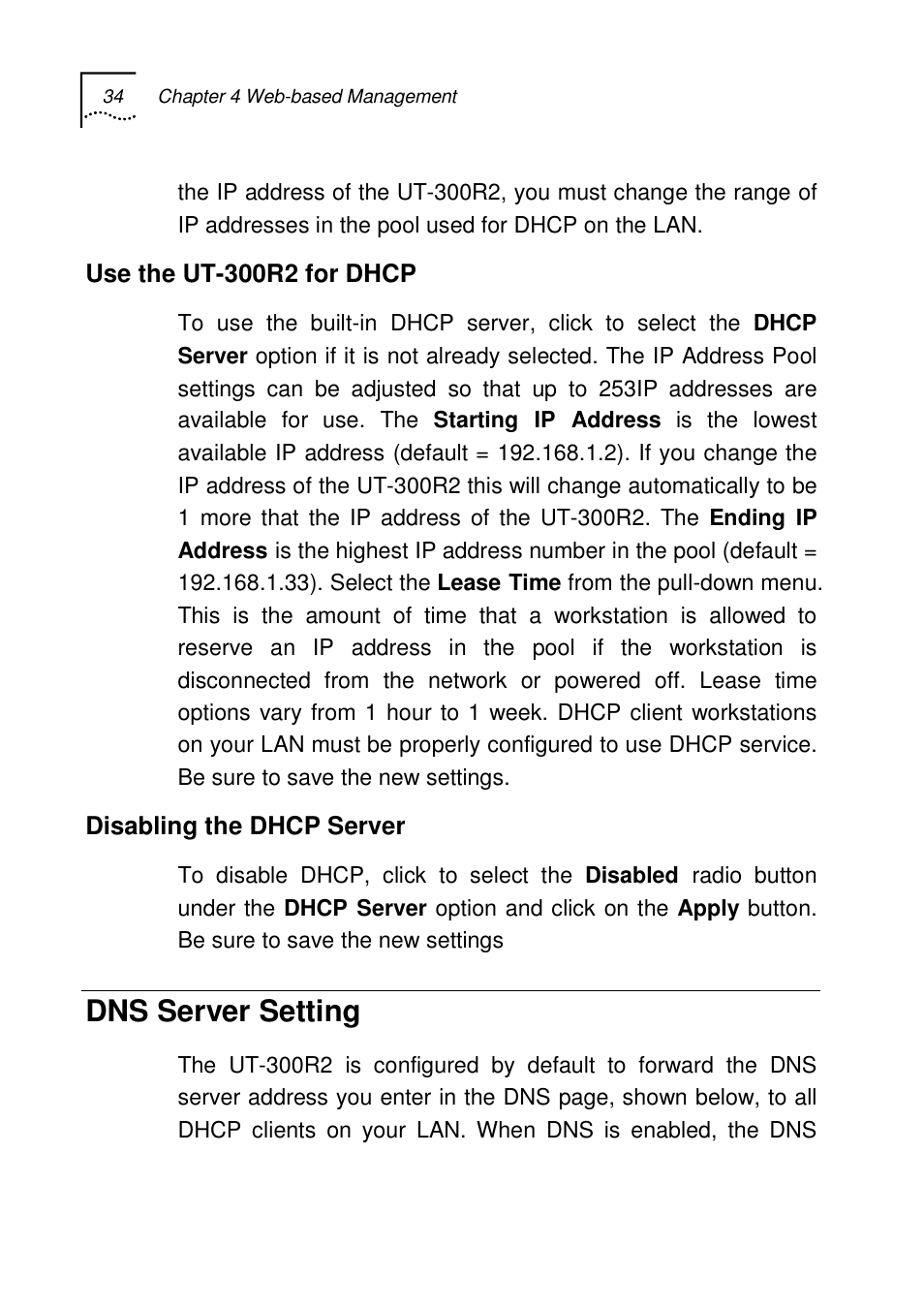 Dns server setting | UTStarcom UT-300R2 User Manual | Page 36 / 85