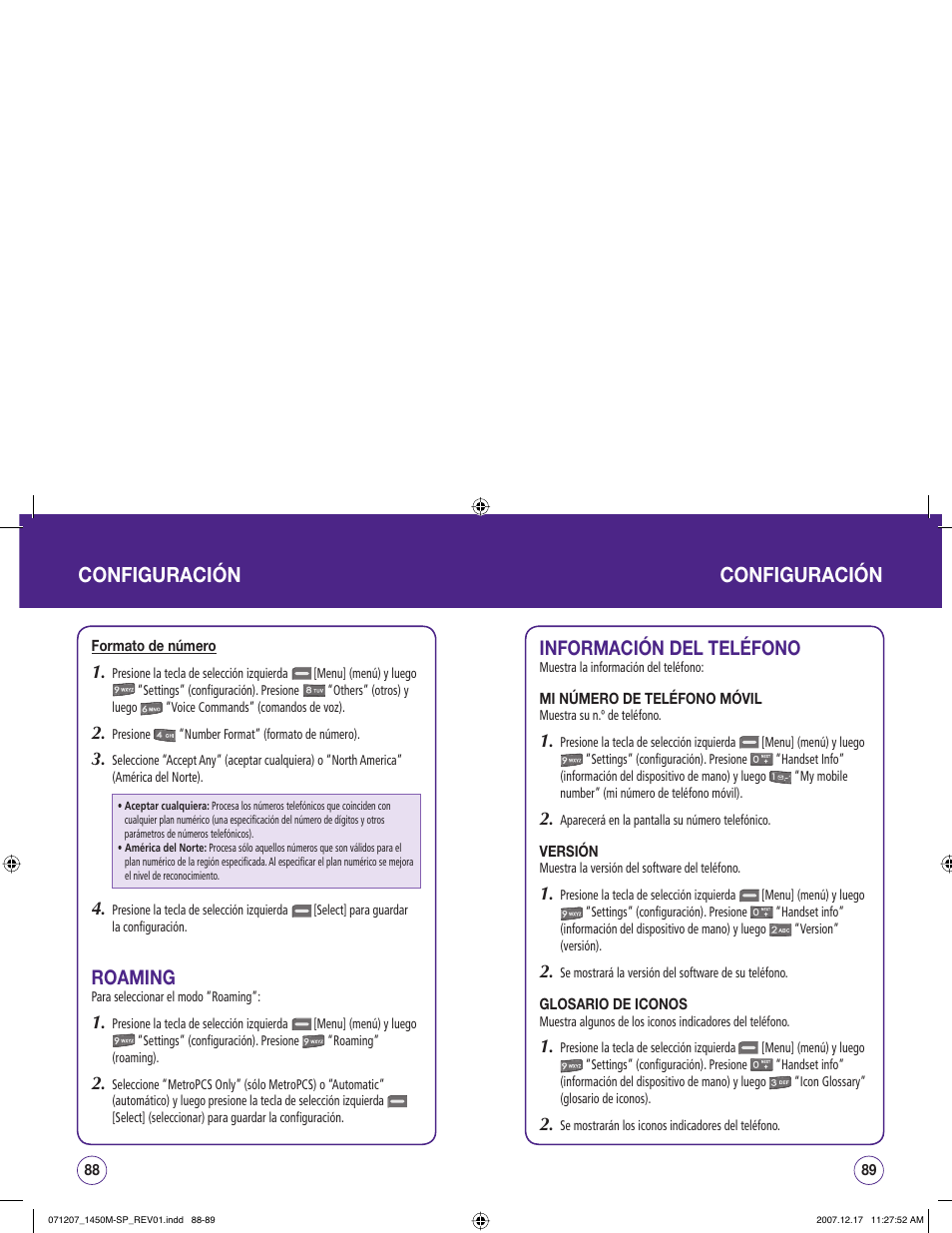 Configuración configuración, Roaming, Información del teléfono | UTStarcom CDM1450 User Manual | Page 125 / 166