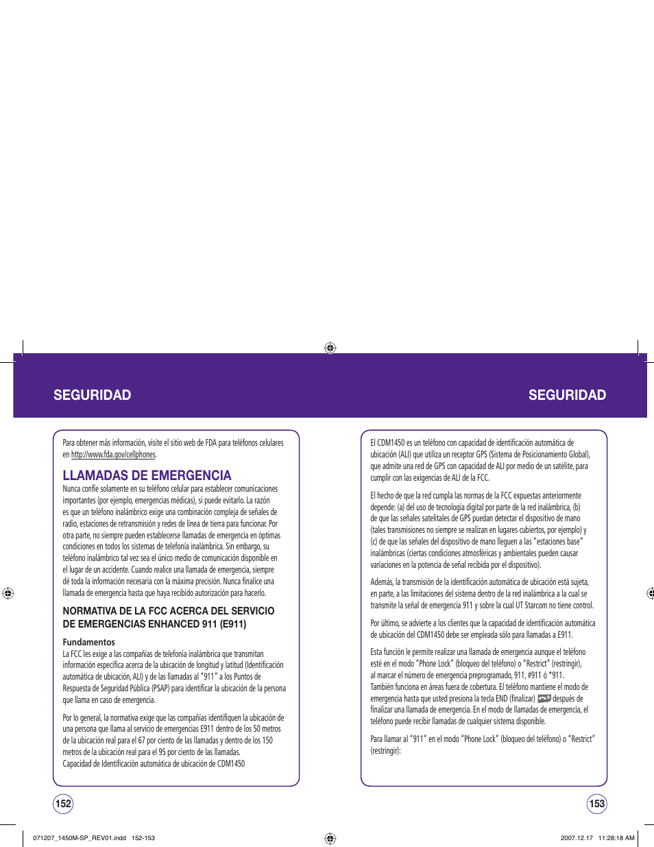 Seguridad, Llamadas de emergencia | UTStarcom CDM1450 User Manual | Page 157 / 166
