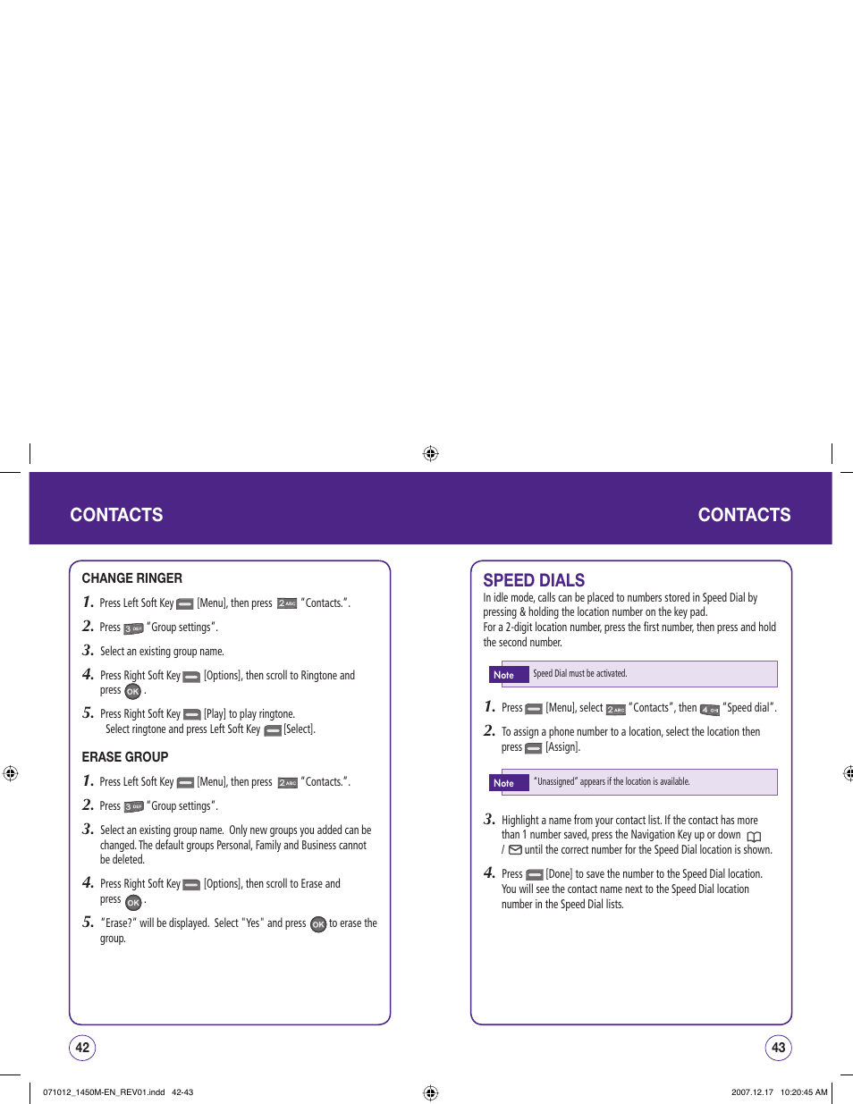 Contacts, Speed dials | UTStarcom CDM1450 User Manual | Page 22 / 166