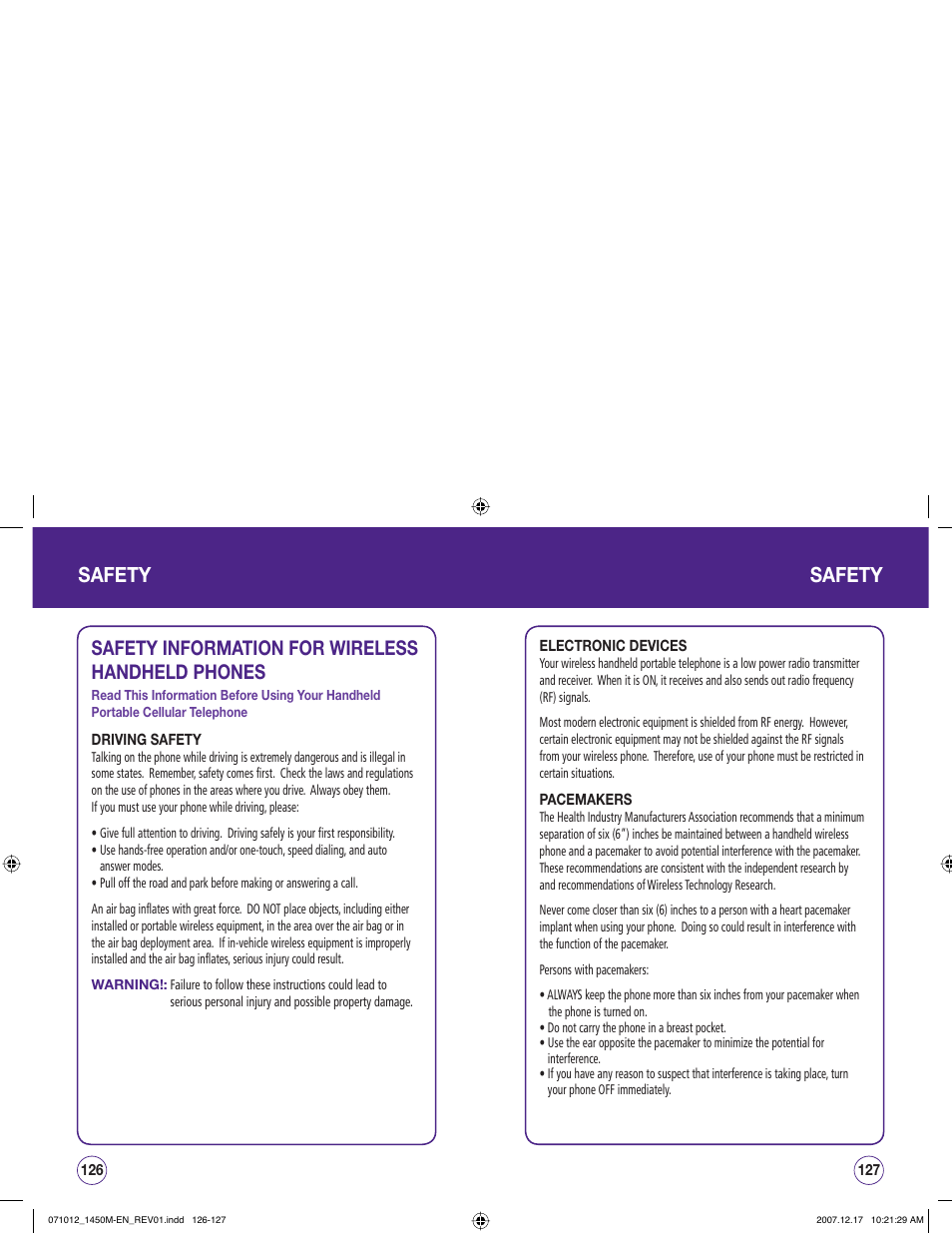 Safety, Safety information for wireless handheld phones | UTStarcom CDM1450 User Manual | Page 64 / 166