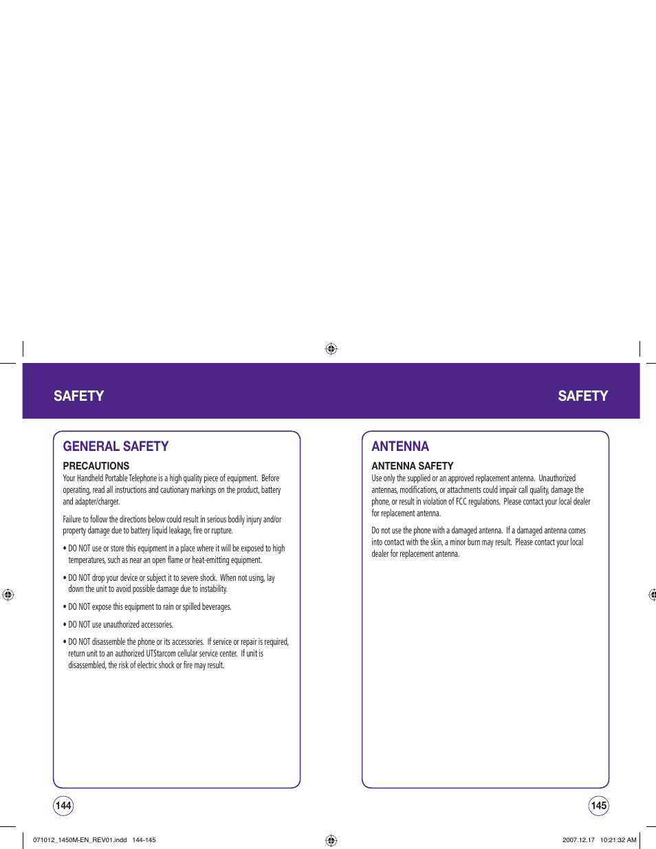 Safety, General safety, Antenna | UTStarcom CDM1450 User Manual | Page 73 / 166