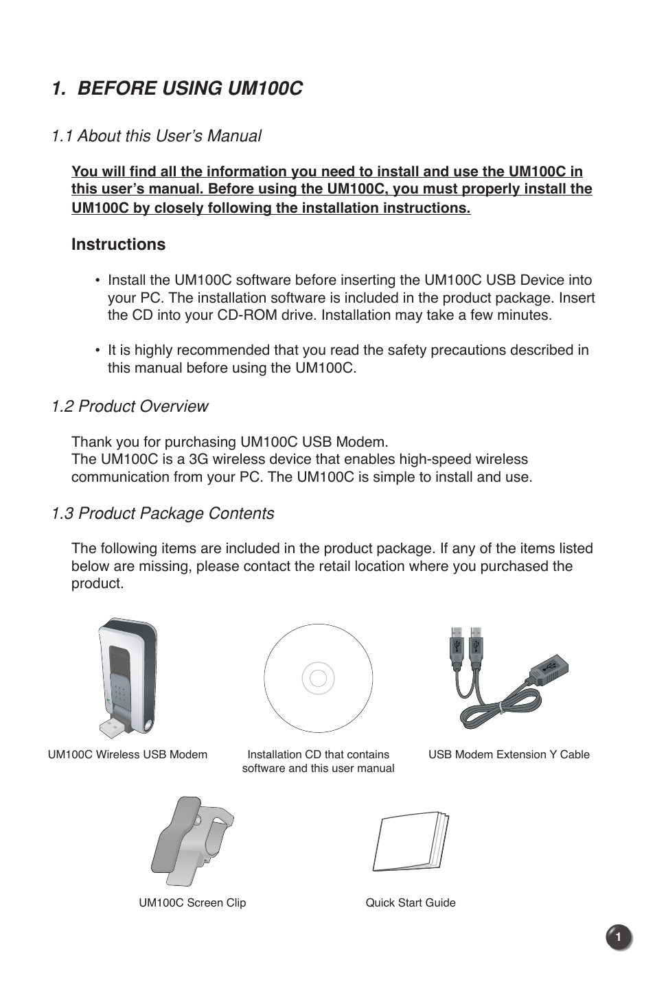 Before using um100c, 1 about this user’s manual, Instructions | 2 product overview, 3 product package contents | UTStarcom UM100C User Manual | Page 3 / 38
