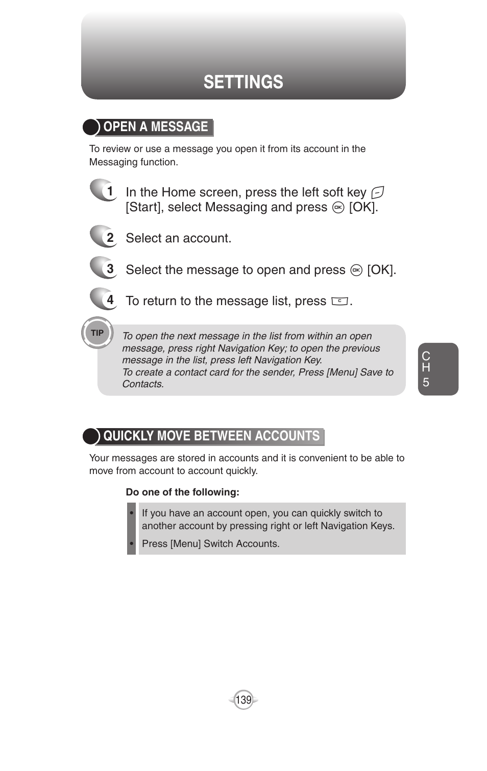 Settings, Open a message, Quickly move between accounts | UTStarcom PN-820 User Manual | Page 141 / 282
