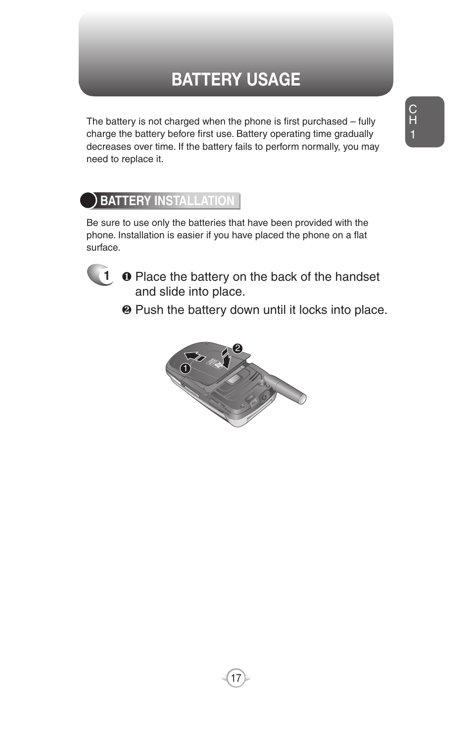 Battery usage, Handset description, Battery installation | UTStarcom PN-820 User Manual | Page 19 / 282