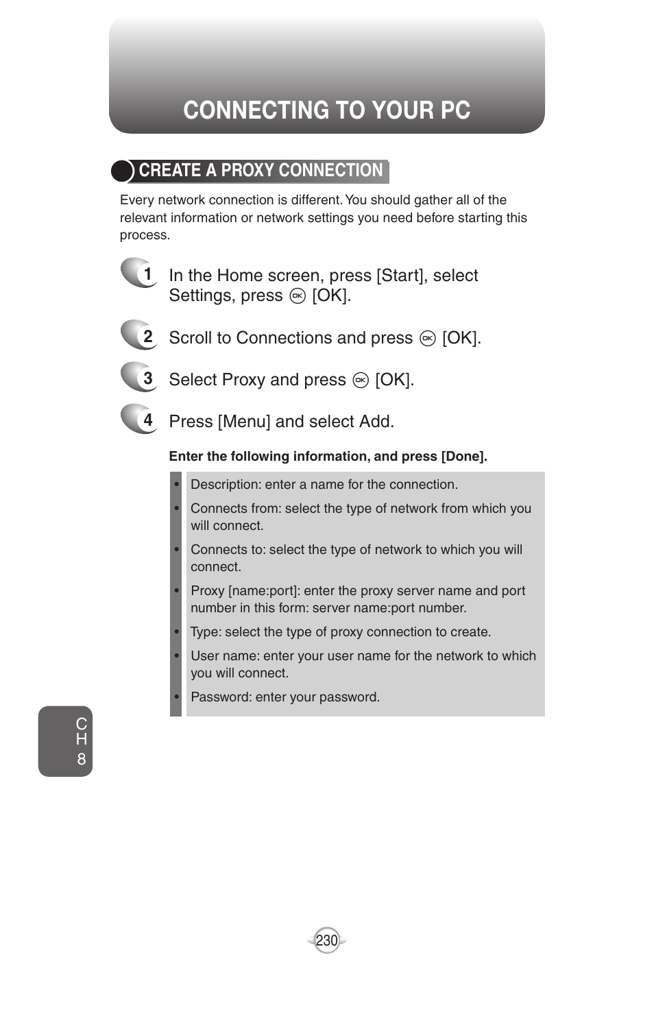 Connecting to your pc, Create a proxy connection, Create a vpn connection | UTStarcom PN-820 User Manual | Page 232 / 282