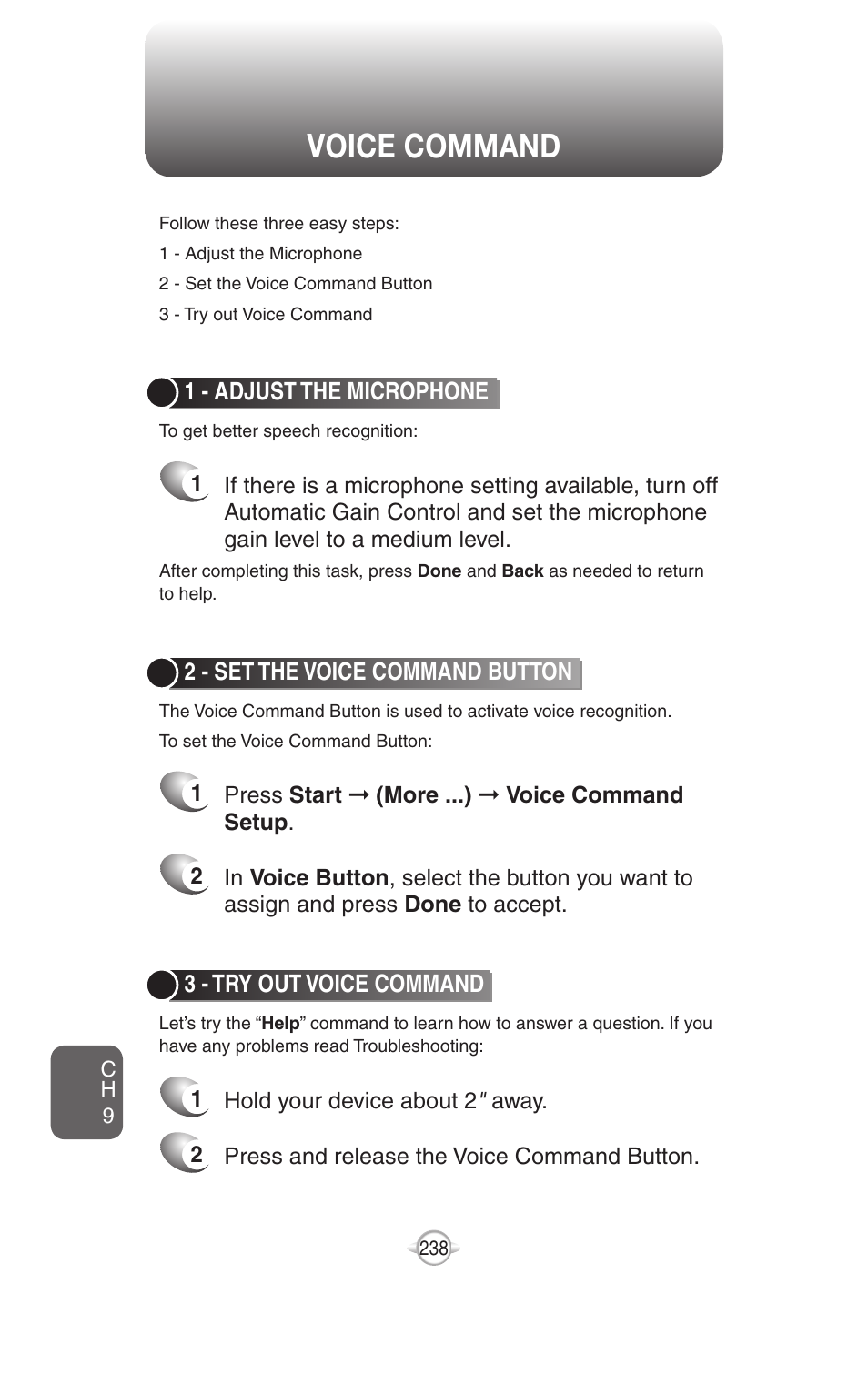 Voice command, Try out more commands, 1 - adjust the microphone | 2 - set the voice command button, 3 - try out voice command | UTStarcom PN-820 User Manual | Page 240 / 282