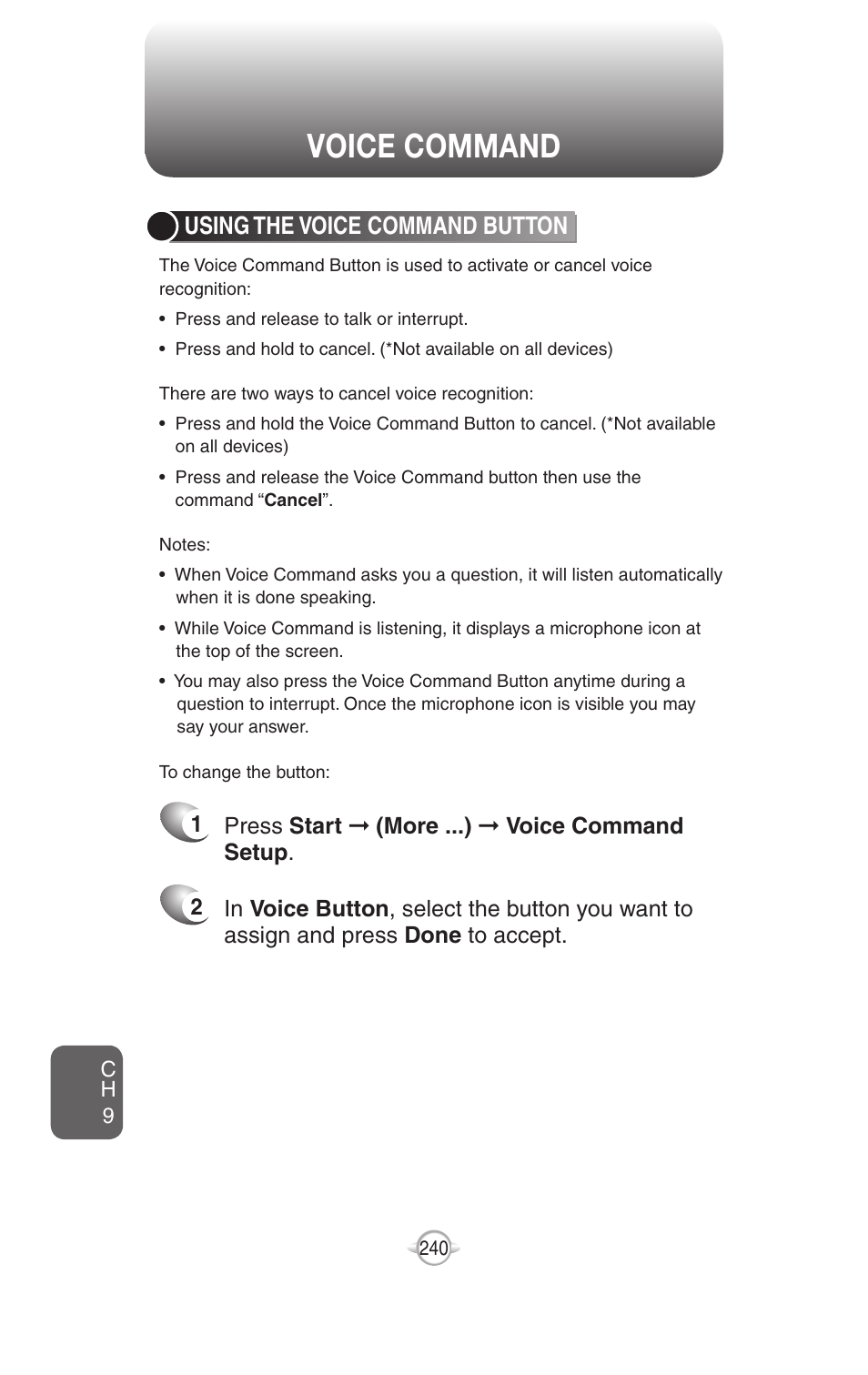 Voice command, Using the voice command button | UTStarcom PN-820 User Manual | Page 242 / 282