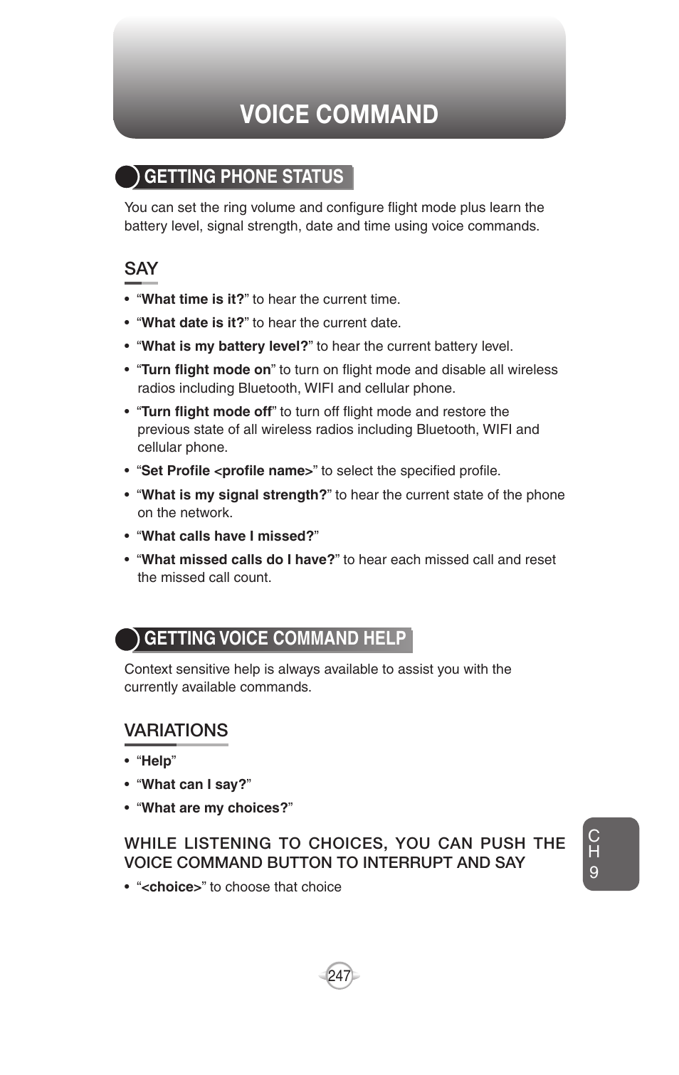 Voice command, Getting phone status, Getting voice command help | UTStarcom PN-820 User Manual | Page 249 / 282