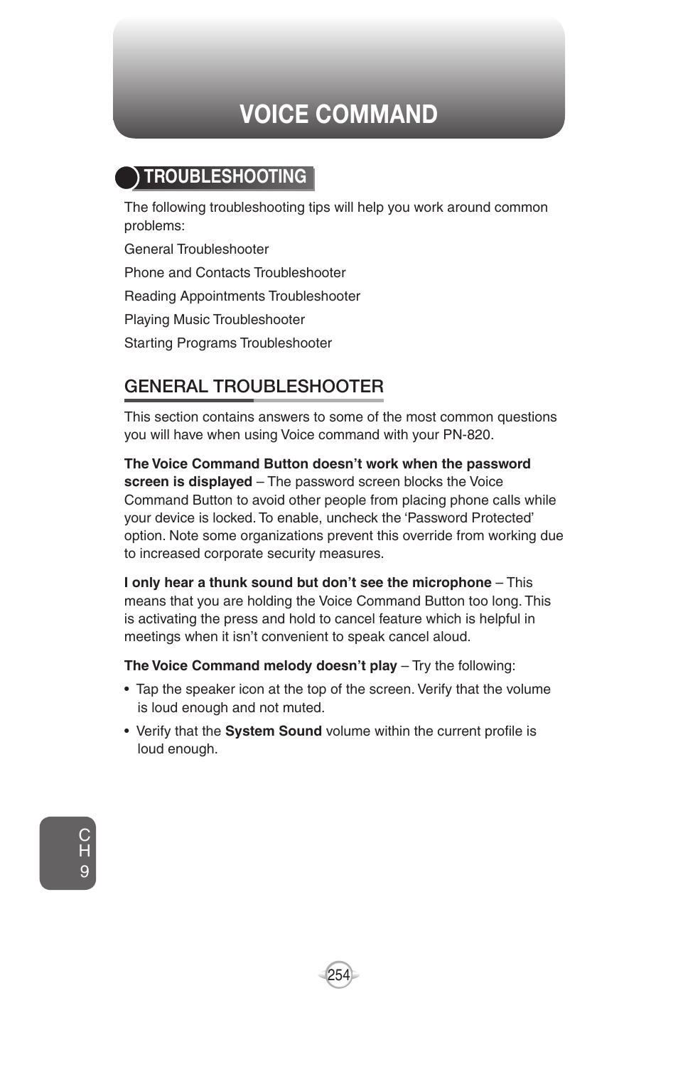 Voice command, Troubleshooting, General troubleshooter | UTStarcom PN-820 User Manual | Page 256 / 282