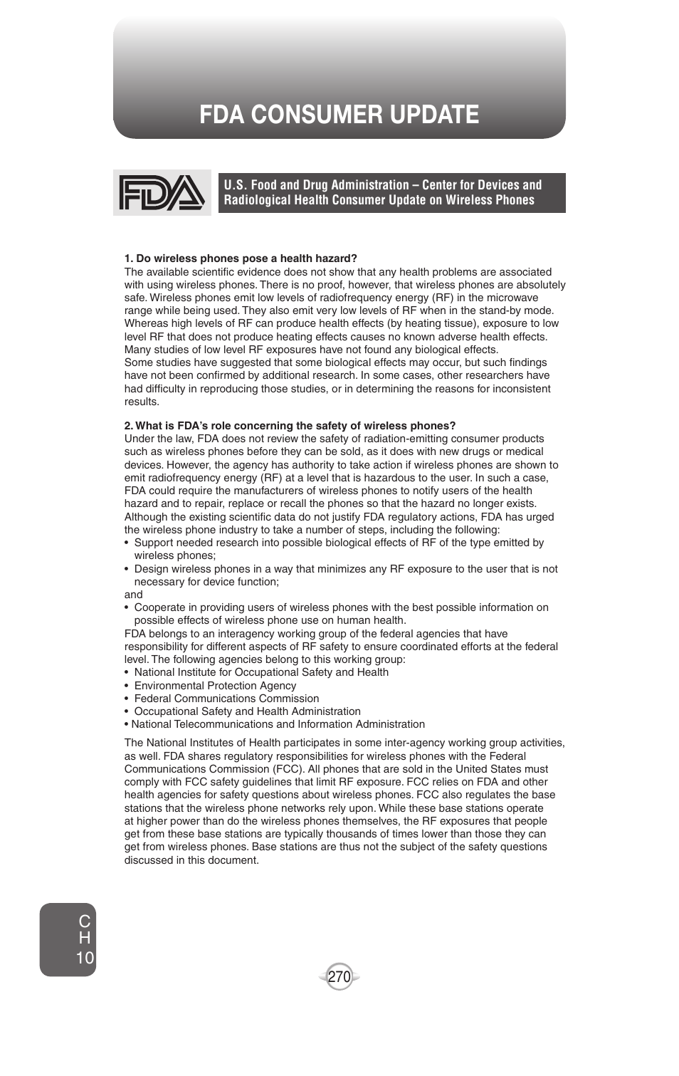 Fda consumer update, Ch 10 | UTStarcom PN-820 User Manual | Page 272 / 282